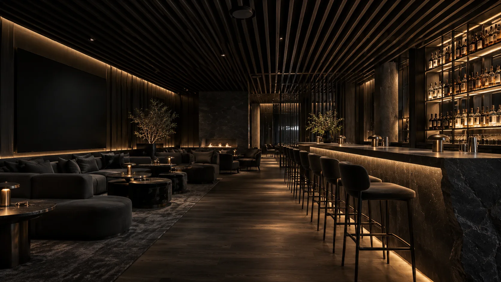 Architectural visualization of a hospitality lounge with integrated lighting and displays